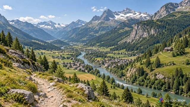 Une vallée alpine fictive avec rivière, versants, prairies et bourg forme le contexte d’étude d’un paysage ; les mécanismes et valeurs sont portés par les schémas propres au module