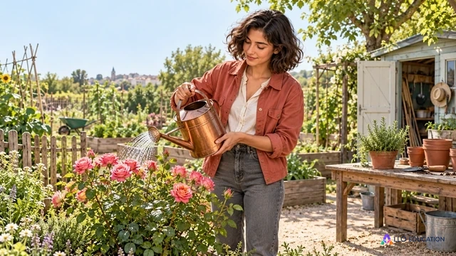Nadia tient un arrosoir en cuivre près d’un rosier fleuri dans le jardin associatif fictif.