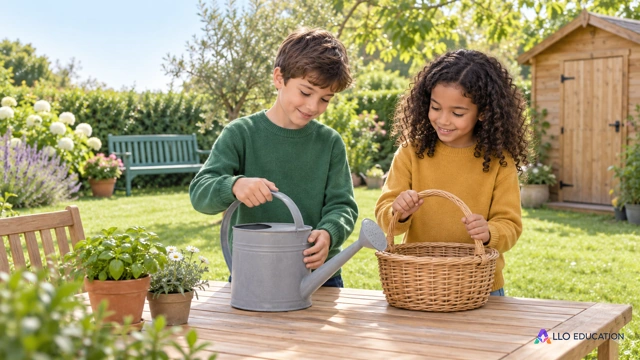 Deux enfants fictifs préparent un arrosoir et un panier près d’un banc dans un jardin lumineux.