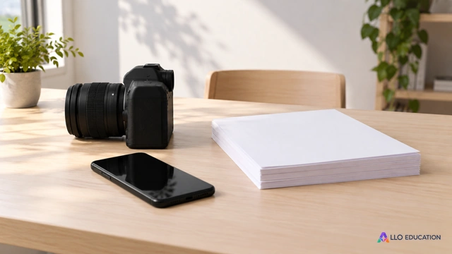 Sur une table claire de rédaction, appareil photo noir sans marque, téléphone à écran noir éteint et feuilles entièrement blanches empilées, objets seuls dans une seule composition