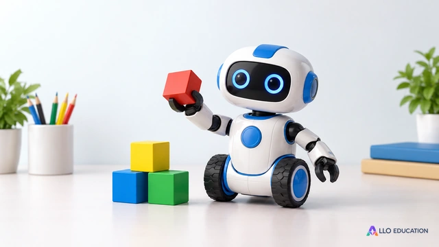 Un seul petit robot jouet muet, sans écran ni texte, objet isolé.