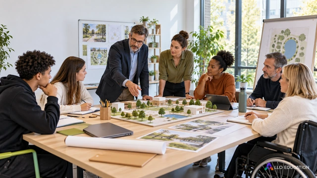 Participants variés réunis autour de plans et de modèles réduits d’un espace collectif, documents sans inscription.