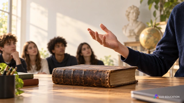 Un livre ancien fermé et une main ouverte prenant la parole comme un sujet central, groupe discret au second plan ; aucune inscription, aucun portrait historique prétendument exact