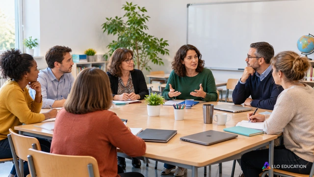 Conseil de classe fictif autour d’une table de matériel partagé, personnes écoutant et participant, aucune inscription.
