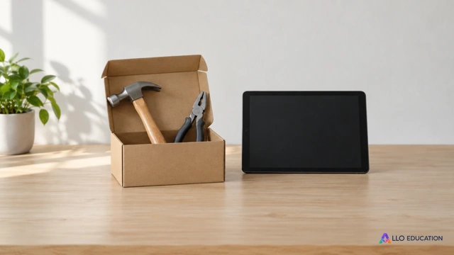Dans un local associatif lumineux, une boîte d’outils neutre ouverte et une tablette à écran sombre sur une table claire, objets seuls, aucune inscription ni marque ni étiquette.