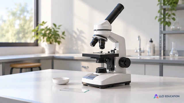 Un microscope optique sans inscription posé sur une paillasse lumineuse avec une lame de verre et une coupelle unie.