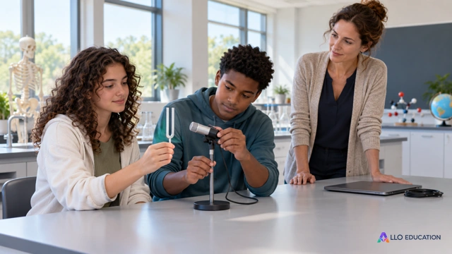 Deux lycéens fictifs et une enseignante étudient un diapason et un microphone dans une salle de sciences ; cette couverture ne porte aucune valeur de mesure.