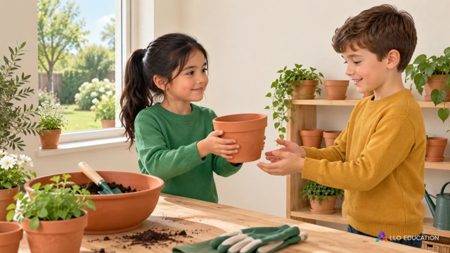 Deux enfants fictifs transportent et rangent des pots unis dans un espace de jardinage lumineux.