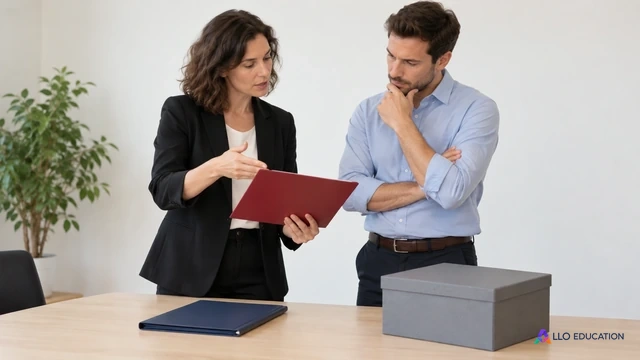 Deux responsables observent des dossiers fermés et du matériel de travail sur une table sobre.