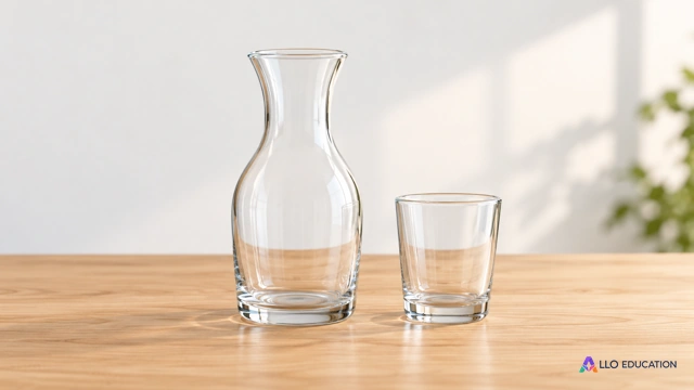 Une carafe transparente vide et un verre vide sur une table claire évoquent le total et la quantité prélevée, sans graduation ni inscription.