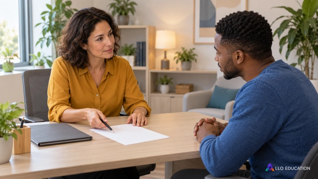 Dans un bureau d’accueil social contemporain clair sans inscription, une professionnelle adulte en chemise ocre et un visiteur adulte en pull bleu sont assis au même niveau de part