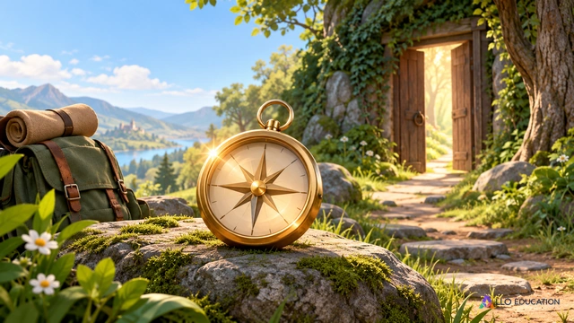 Une boussole imaginaire sans lettres, objet central lumineux mais sans magie confirmée, posée au départ d’un chemin vers une porte entrouverte en forêt ; illustration primaire muet