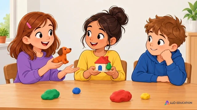 Des enfants échangent leurs idées autour de créations en pâte à modeler dans une pièce lumineuse.