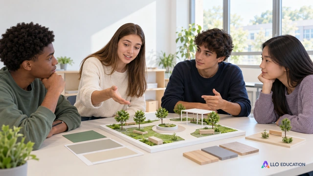 Quatre lycéens fictifs discutent d’un aménagement proposé pour un espace commun ; gestes ouverts et écoute mutuelle autour de la table.