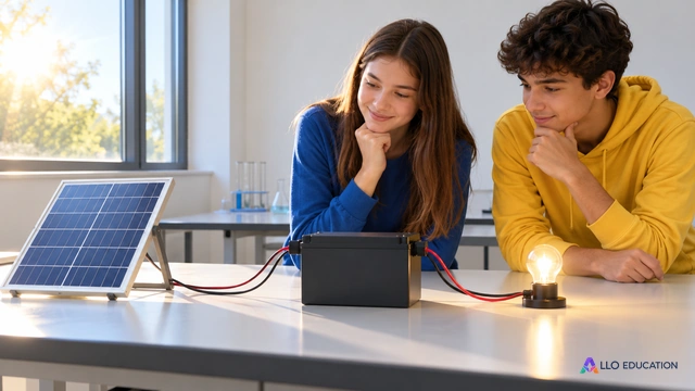Deux lycéens fictifs observent un panneau solaire pédagogique, un boîtier fermé de stockage et une petite lampe sur une table claire ; aucun texte, cadran ou marque, aucun.