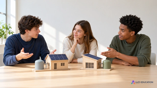 Trois lycéens fictifs discutent de deux petits bâtiments de bois aux toits solaires sur une table ; chacun écoute et montre une alternative, sans inscription, document ou.