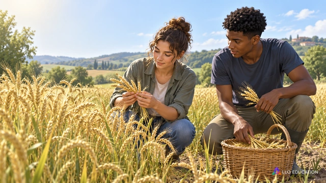 Deux jeunes adultes observent et récoltent des épis dans une petite parcelle pédagogique, sans inscription ni représentation génétique.