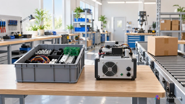 Une caisse de composants et un produit assemblé prêts à circuler, dans un atelier lumineux ; objet central net, sans texte ni emblème.