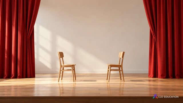 Petit plateau de théâtre vide, deux chaises en bois clair face à face au centre, rideaux rouges unis légèrement ouverts et mur clair, lumière naturelle, aucun texte ni affiche ni m