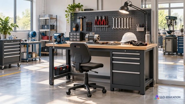 Un poste de maintenance vacant, avec ses outils et ses protections, dans un atelier contemporain.