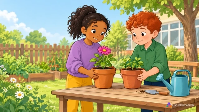 Aya et Malo, deux enfants fictifs, observent des pousses et une fleur sur une table dans un jardin.