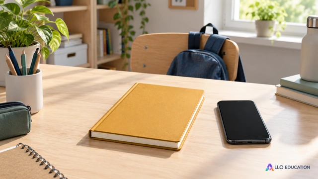 Une table claire porte un carnet personnel fermé à couverture ocre entièrement unie et un téléphone neutre posé écran sombre vers le haut. Objets seulement, carnet au centre, télép