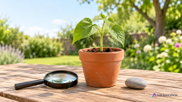 Sur une table de jardin, une loupe sans inscription est placée près d’un petit plant de haricot et d’un caillou, dans une scène inventée.
