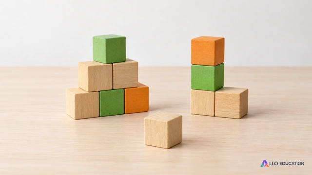 Des petits cubes de bois unis forment des assemblages sur une table claire, sans inscription ni mesure à compter.