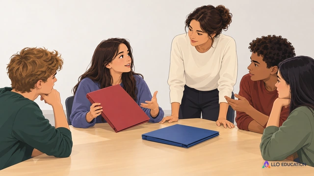 Une classe de lycéens fictifs et une professeure autour d'une table centrale comparent deux dossiers cartonnés fermés ; regards et gestes d'argumentation calmes, la.
