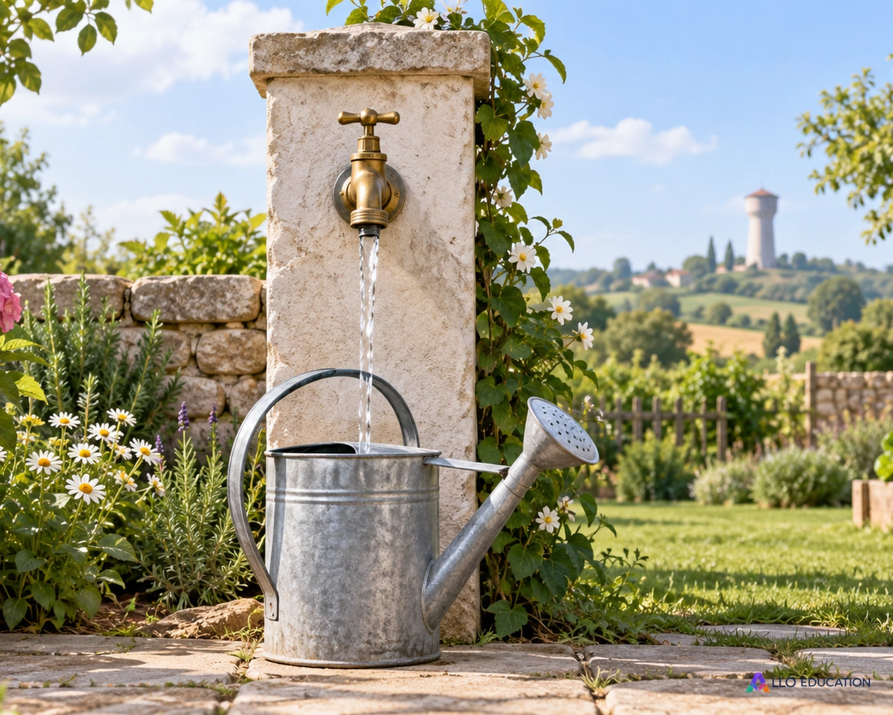 Un robinet et un arrosoir dans un jardin, avec un château d’eau au loin.
