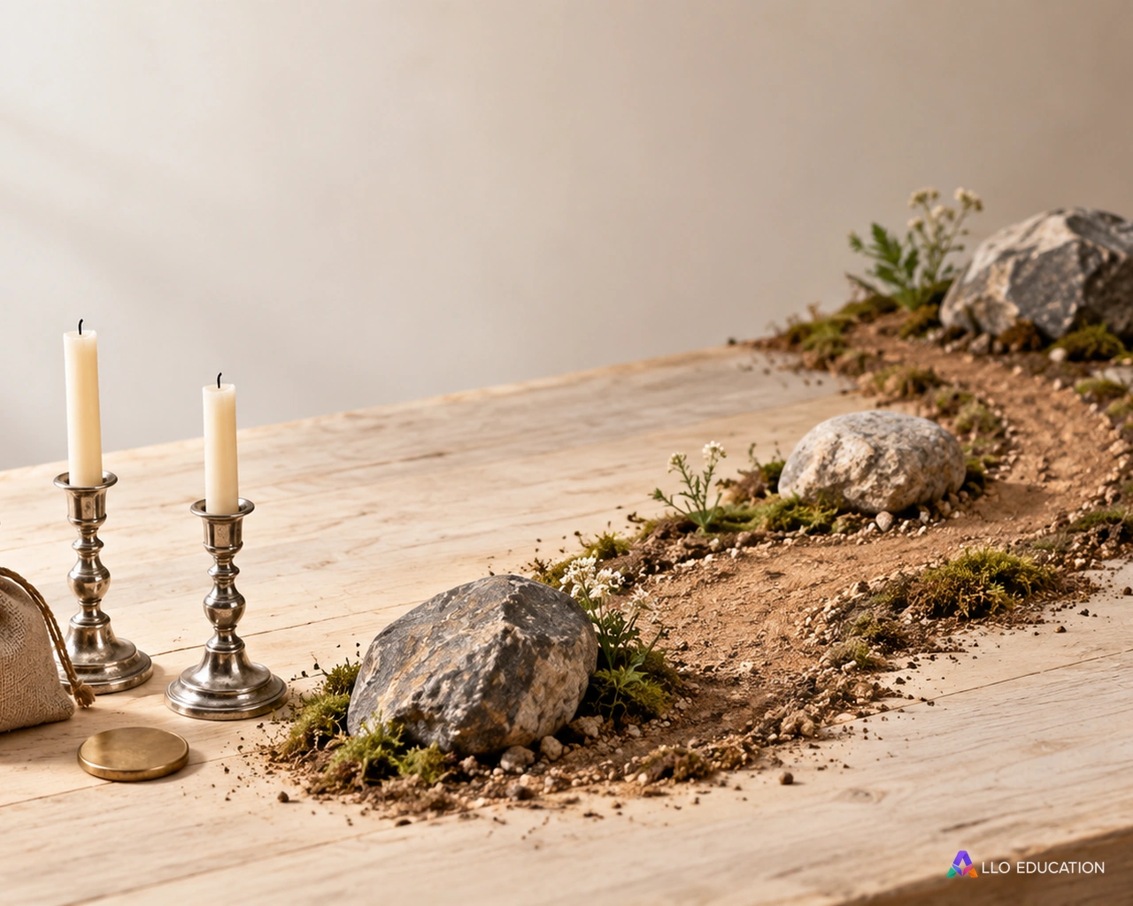 Un chemin courbe, les chandeliers et une pièce annoncent les moments d’un parcours à suivre et à relire.