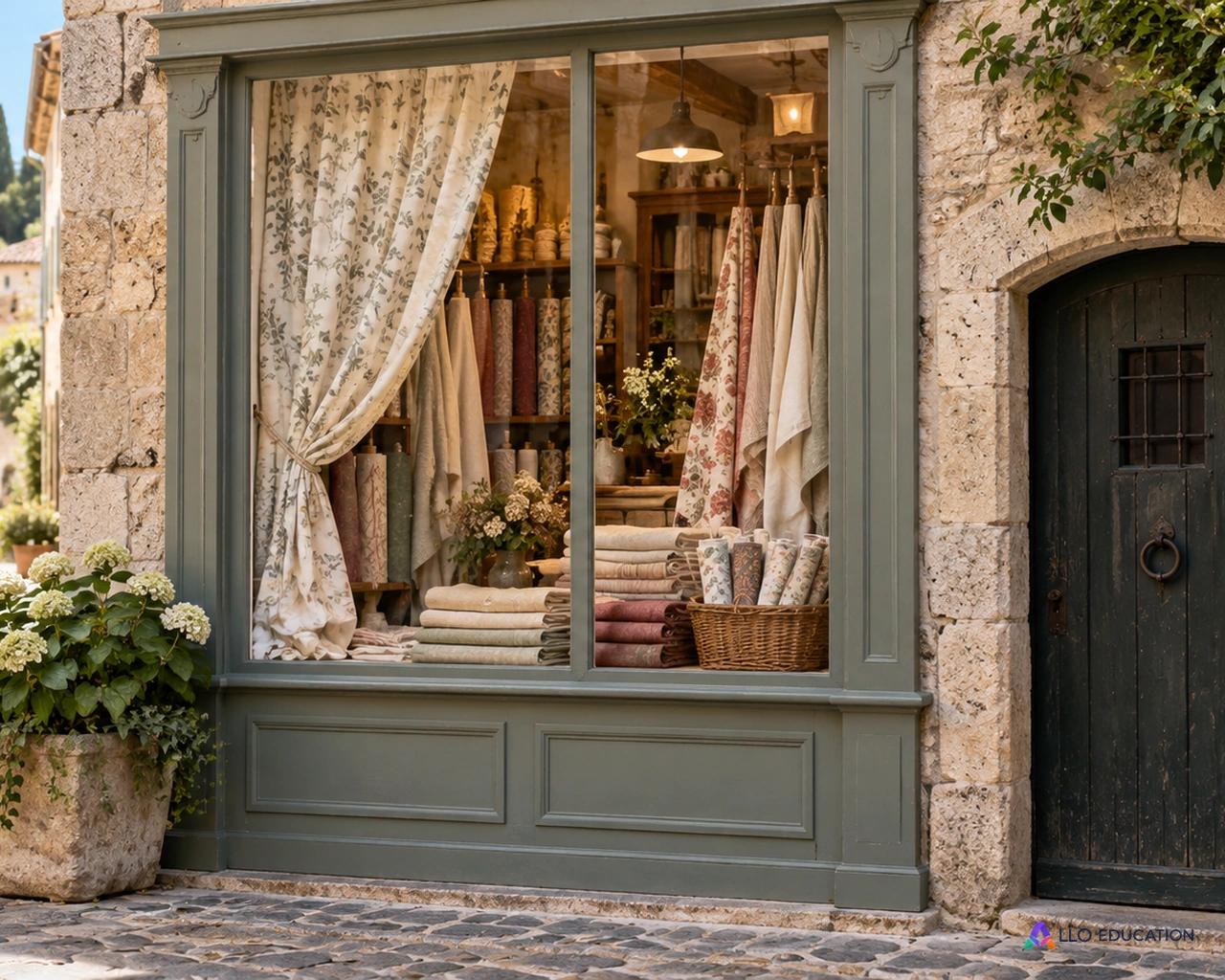 Une vitrine de tissus et une porte basse annoncent une lecture des contrastes d’une rue.