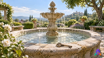 Une fontaine de jardin et une clé ancienne évoquent l’entrée dans un monde merveilleux.