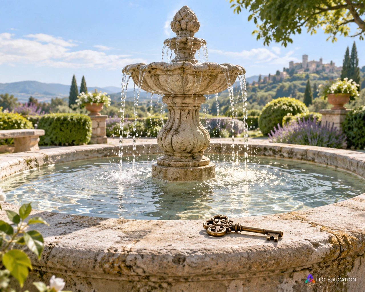 Une fontaine de jardin et une clé ancienne évoquent l’entrée dans un monde merveilleux.