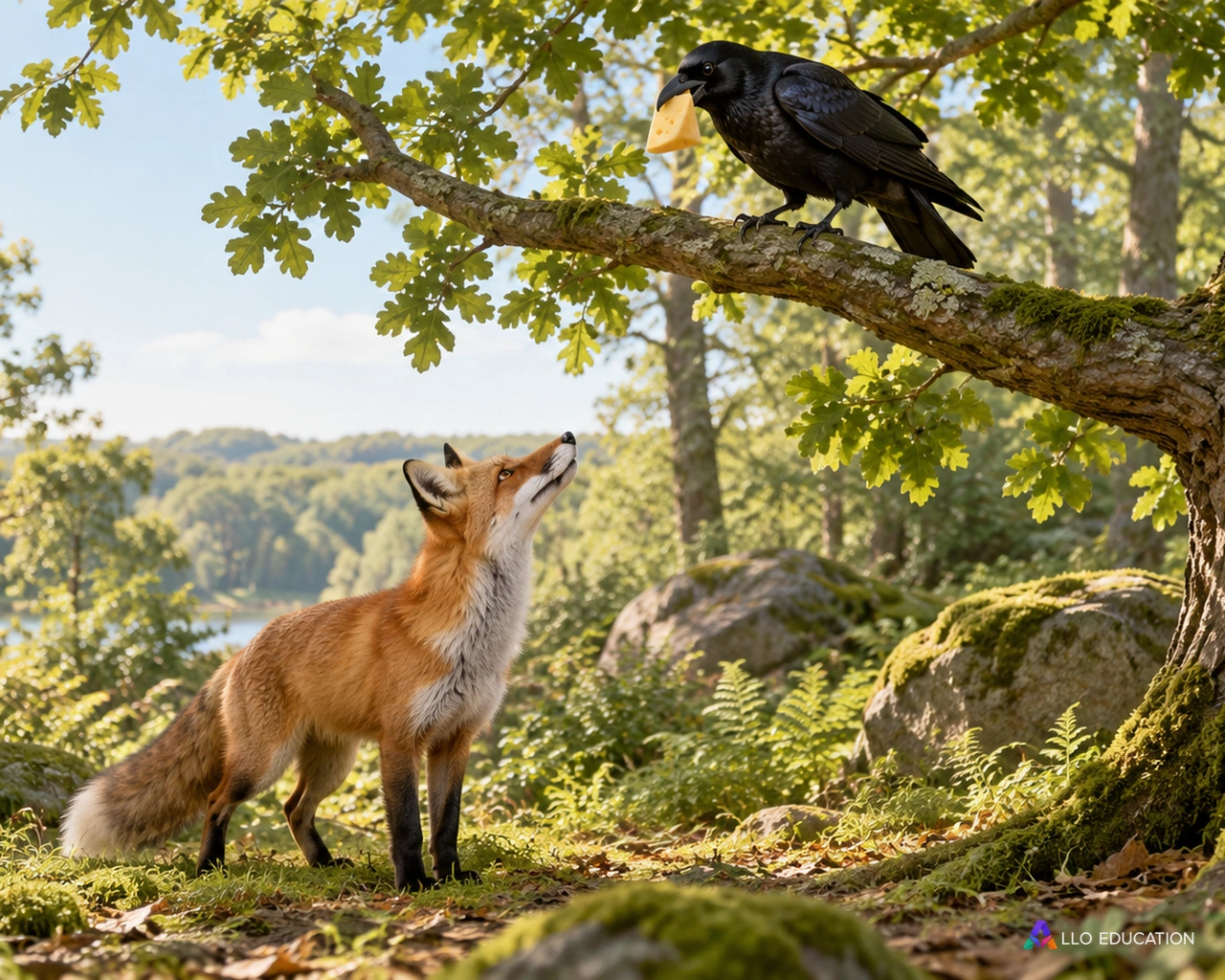 Un corbeau perché et un renard au pied de l’arbre préparent un échange dans la fable.