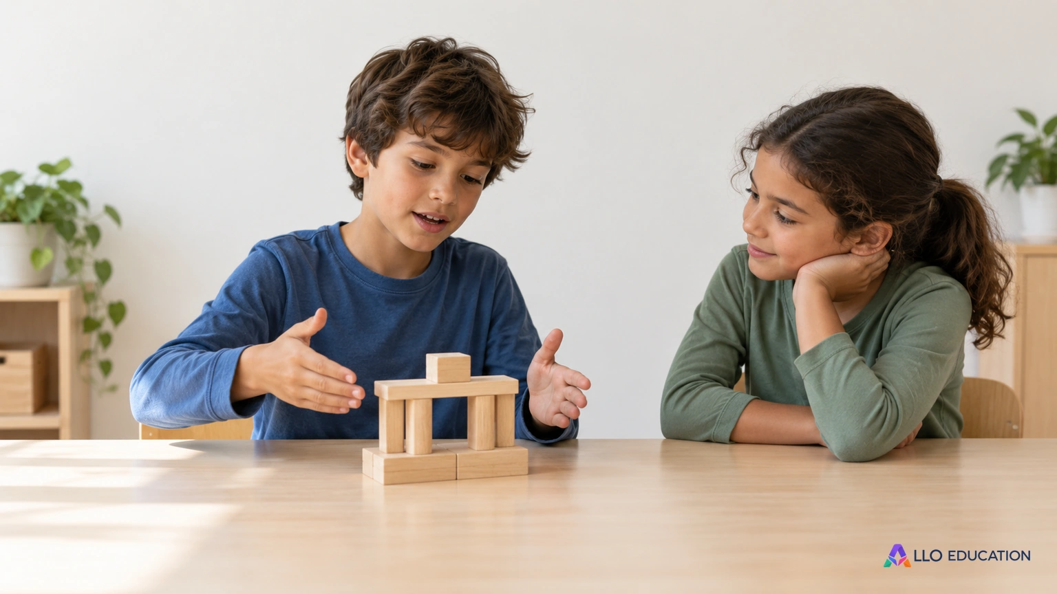 Un enfant explique une petite construction en bois à un camarade attentif, dans un espace sans inscription.