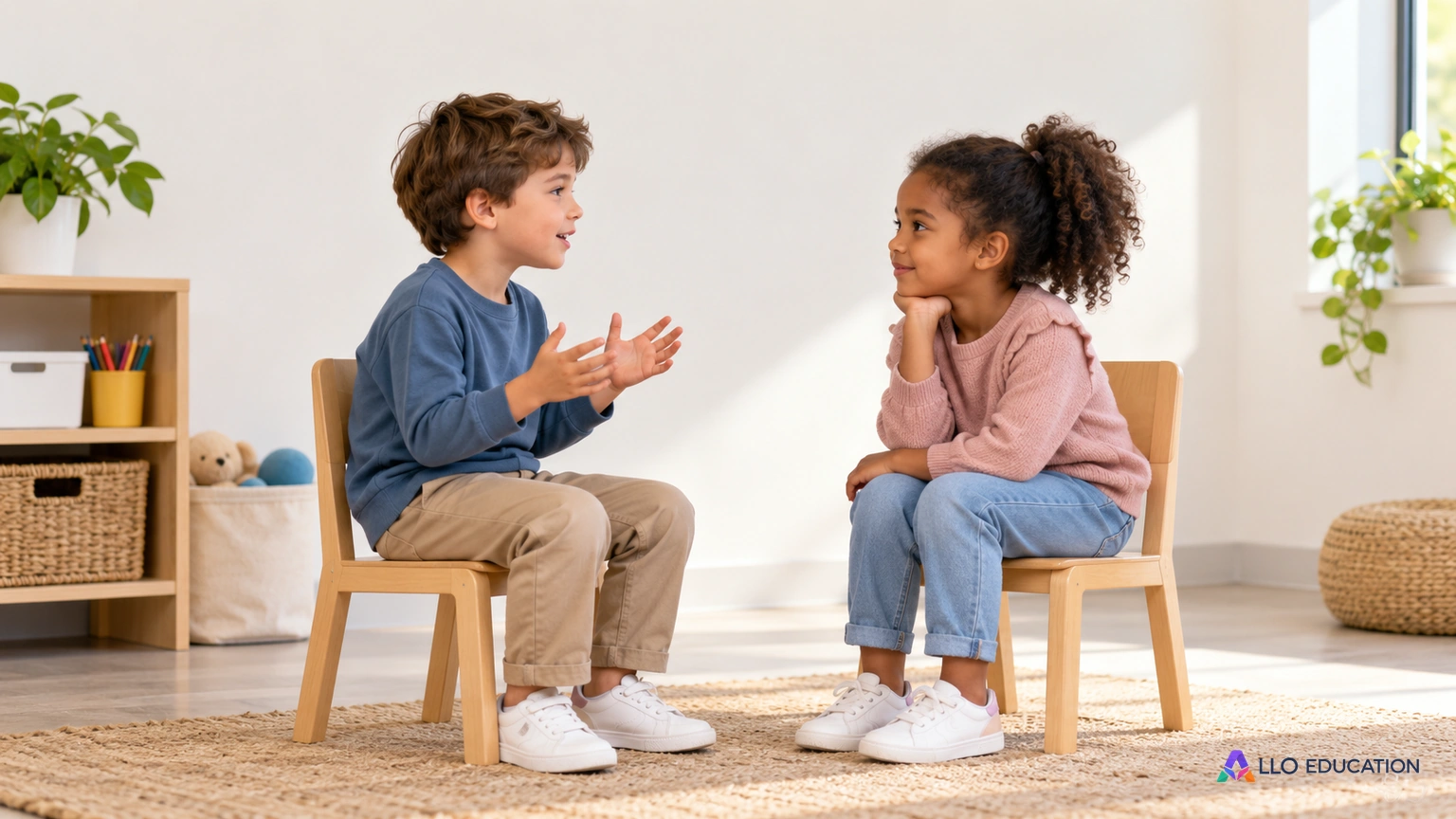 Deux enfants discutent face à face dans une classe sans inscription ; l’un parle et l’autre écoute.