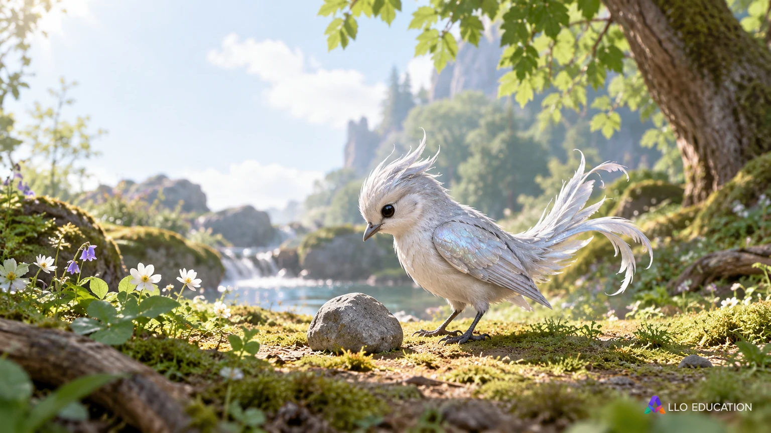 Un petit oiseau aux plumes argentées se tient près d’un caillou dans une clairière illustrée.