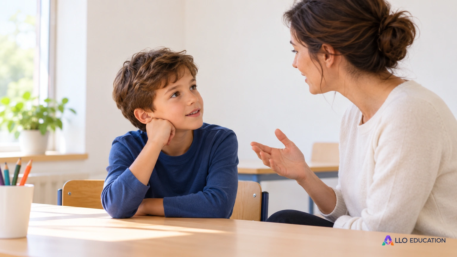 Un enfant attentif écoute un adulte qui lui parle dans une classe sans inscription.