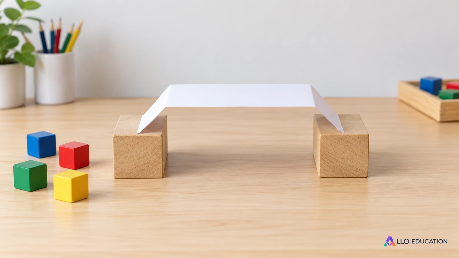 Une feuille pliée en petit pont et des cubes unis séparés sont posés sur une table sans inscription.