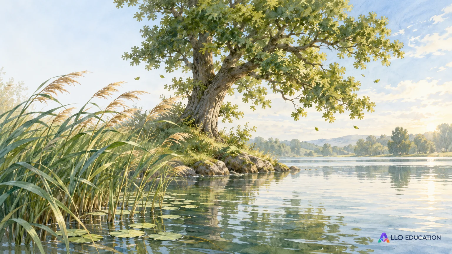Un chêne et des roseaux bordent une eau calme, avec des feuilles et tiges inclinées par le vent.