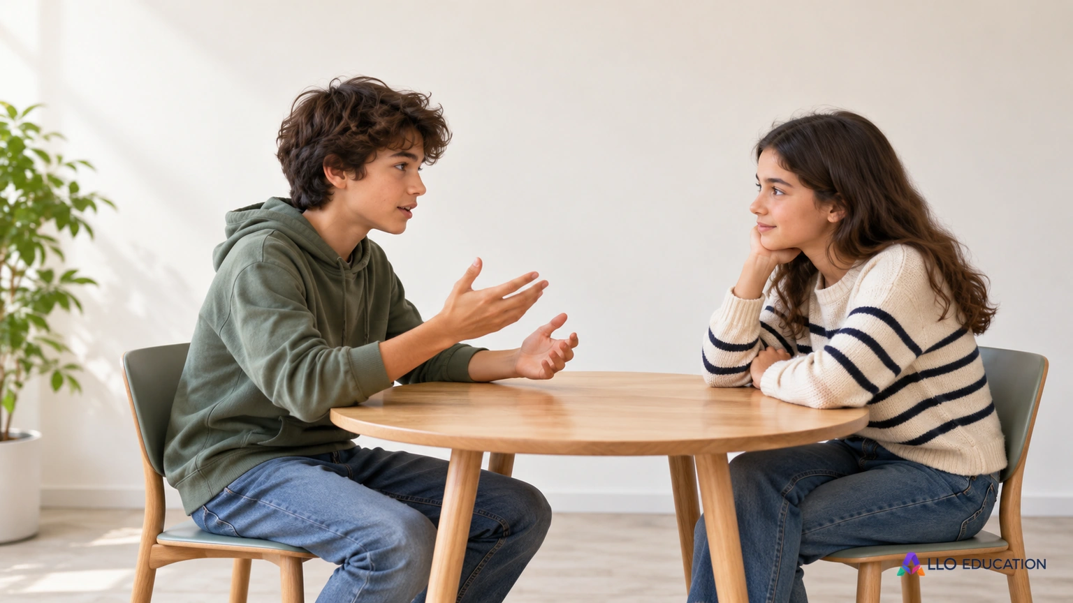 Deux collégiens échangent face à face ; l’un parle avec un geste calme et l’autre écoute.