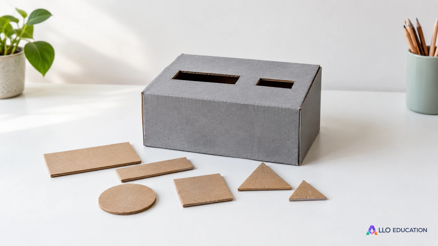 Une boîte grise en carton à deux ouvertures est posée près de pièces de carton sans inscription.