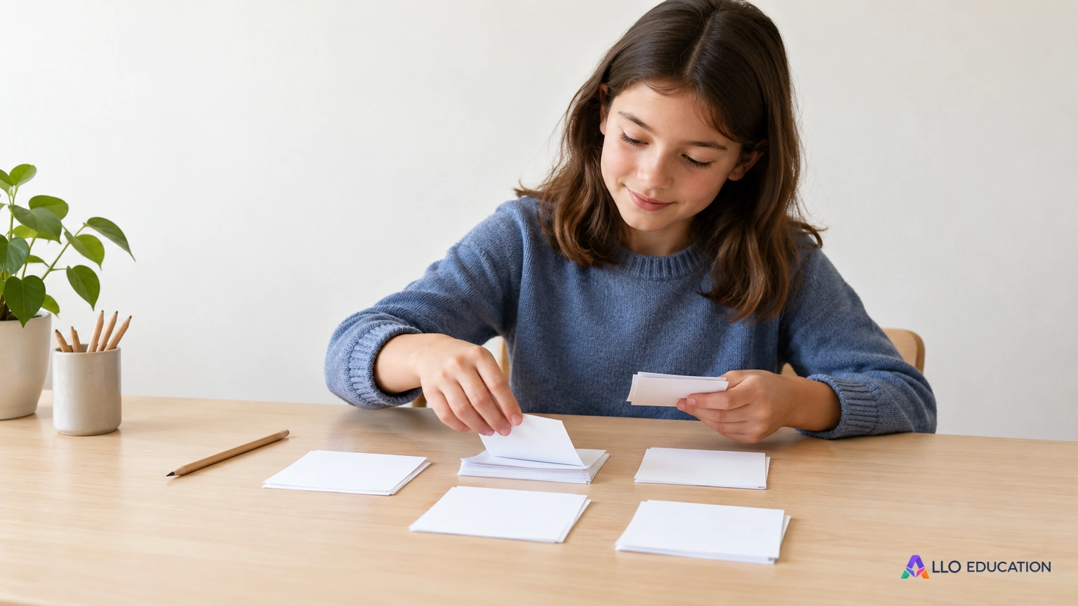 Une élève organise des fiches de papier sans inscription sur une table claire, près d’un crayon.