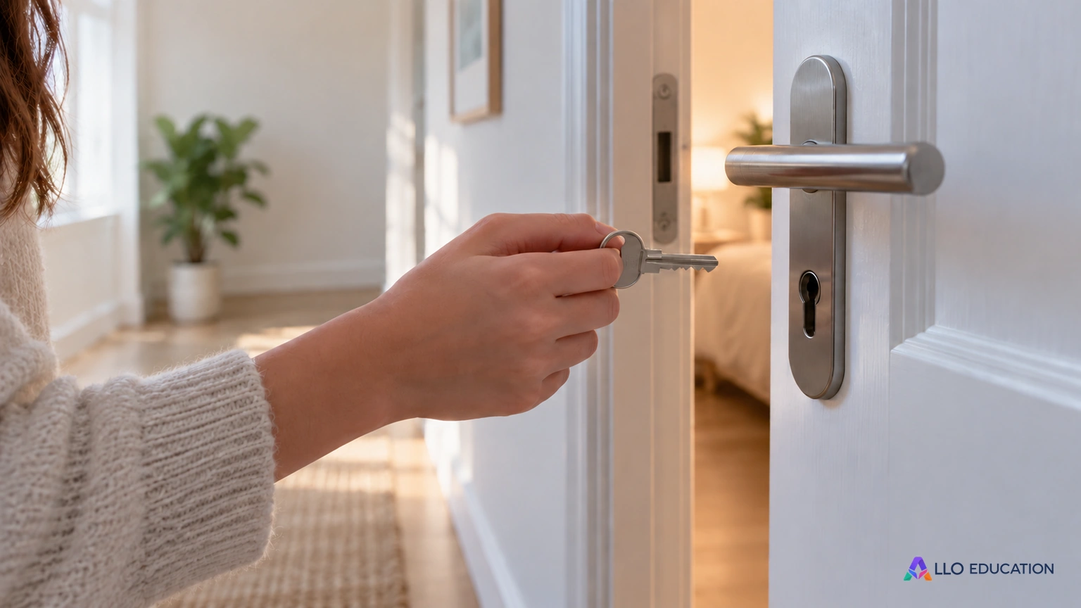 Une main tient une clé près d’une porte entrouverte dans un couloir simple, éclairé par une lumière douce.