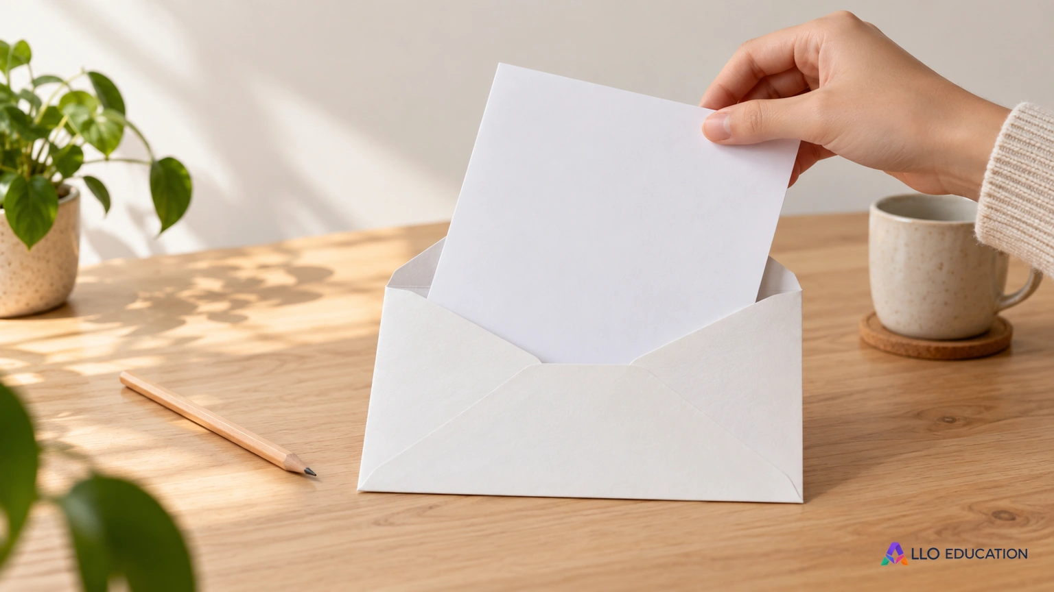Une main glisse une feuille sans inscription dans une enveloppe ouverte sur une table claire.