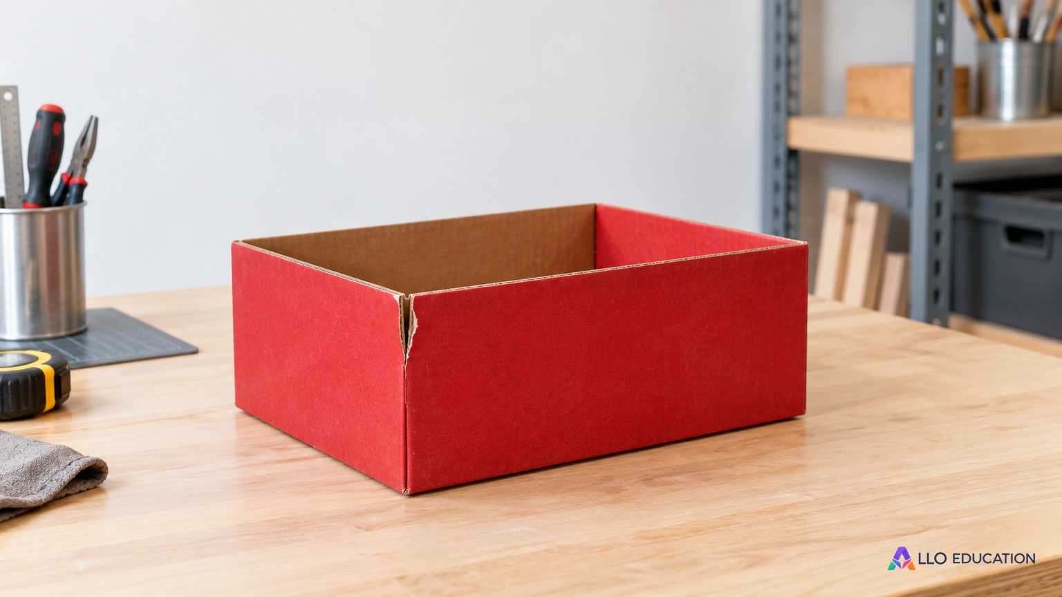 Une boîte rouge rectangulaire en carton, sans couvercle et à l’angle légèrement fendu, repose sur une table claire.