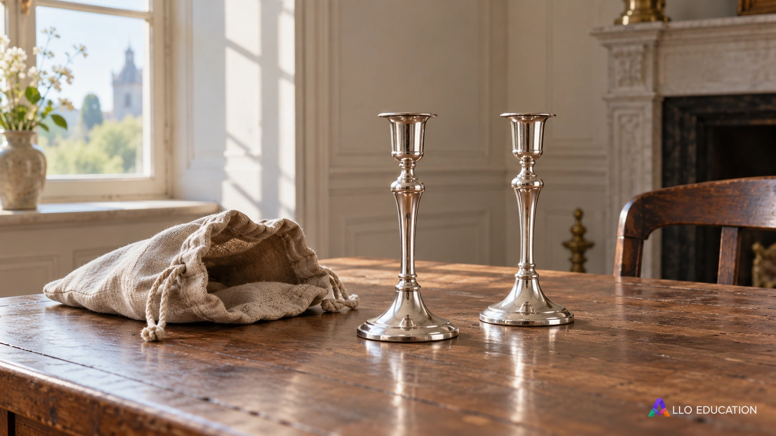 Deux chandeliers simples argentés reposent près d’un sac de toile ouvert sur une table de bois.