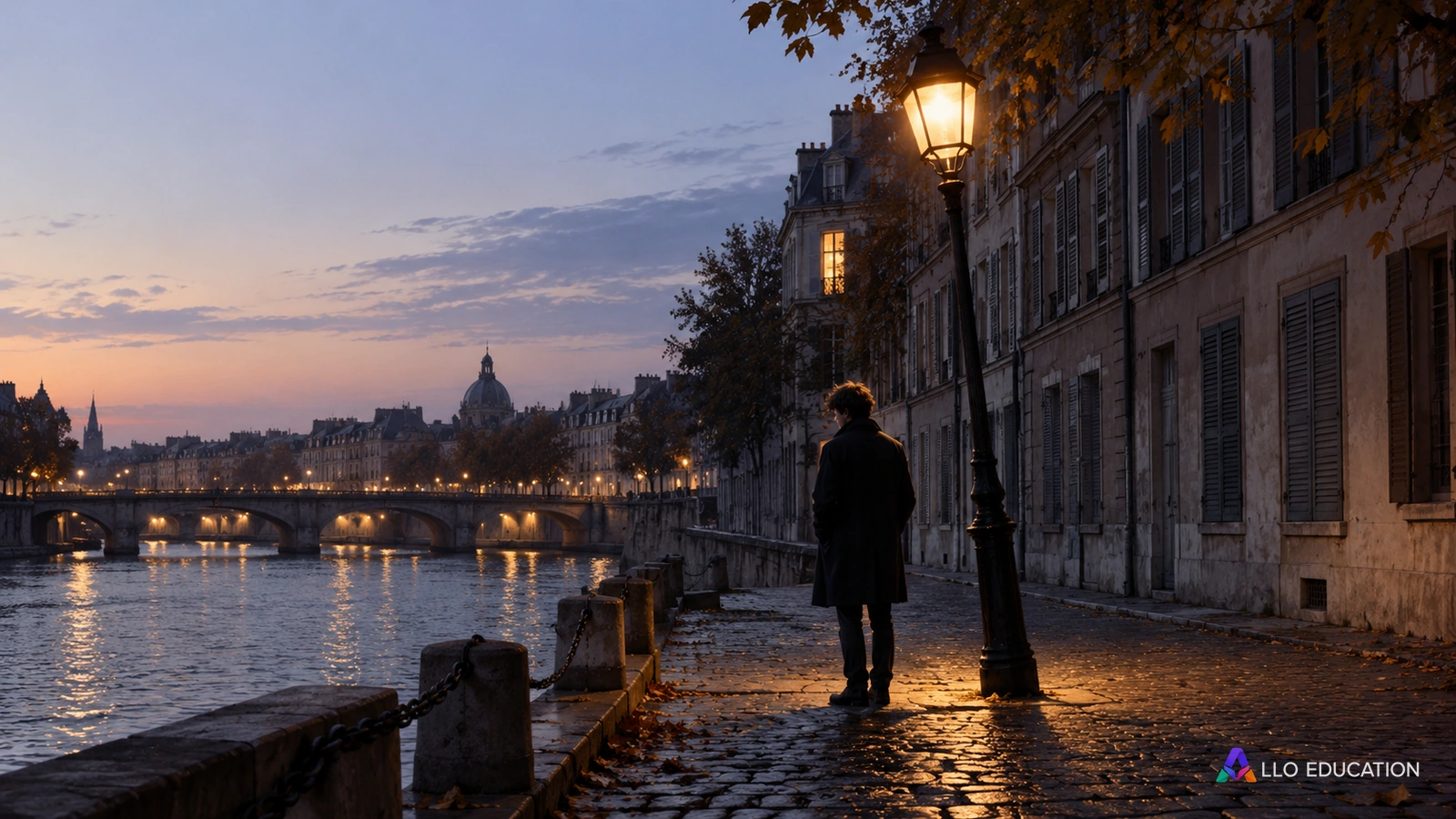 Un passant seul dans une rue sombre remarque une fenêtre éclairée, évoquant solitude et ouverture.