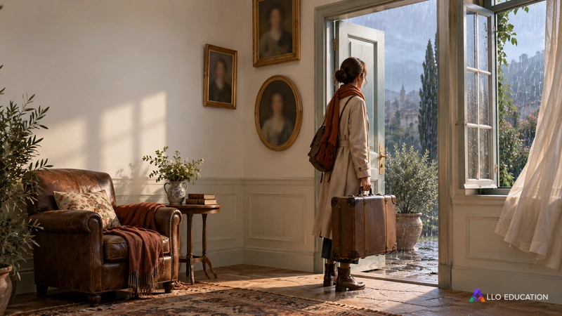 Une valise près d’une porte et une fenêtre ouverte opposent l’intérieur qui retient au mouvement vers le dehors.